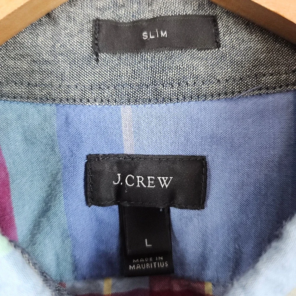 J Crew Slim Fit Multicolor Plaid Long Sleeve Button Down Shirt Mens Size L FLAWS